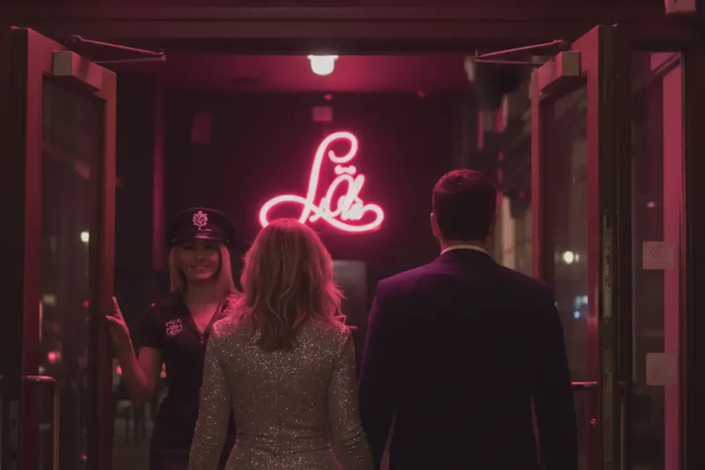 Couple élégant accueilli à l’entrée du L’Ôlà, sous l’enseigne néon rose